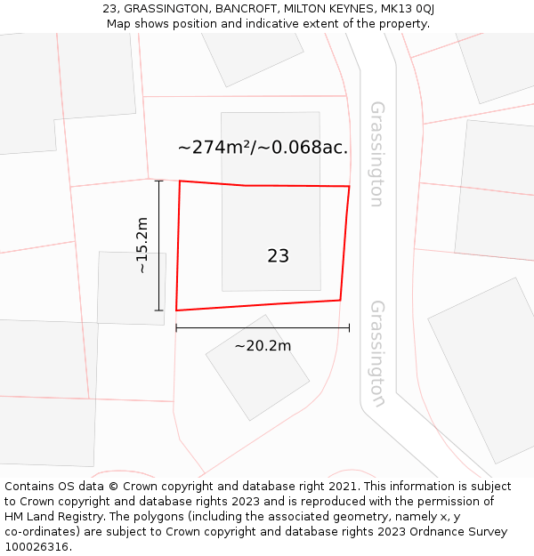 23, GRASSINGTON, BANCROFT, MILTON KEYNES, MK13 0QJ: Plot and title map