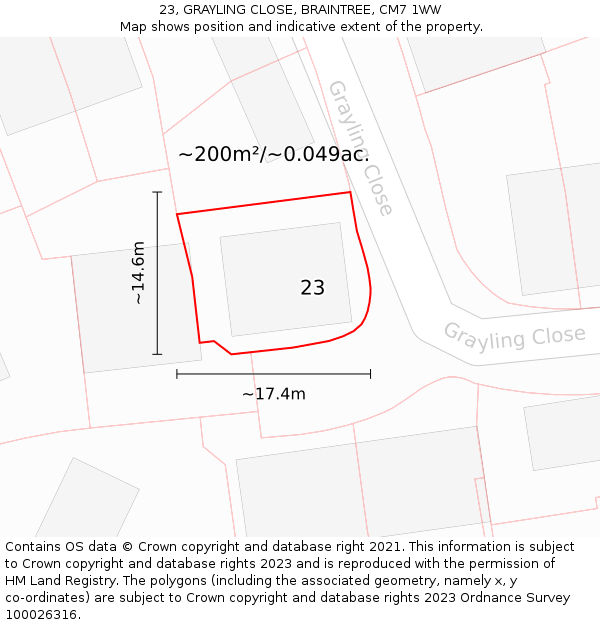 23, GRAYLING CLOSE, BRAINTREE, CM7 1WW: Plot and title map