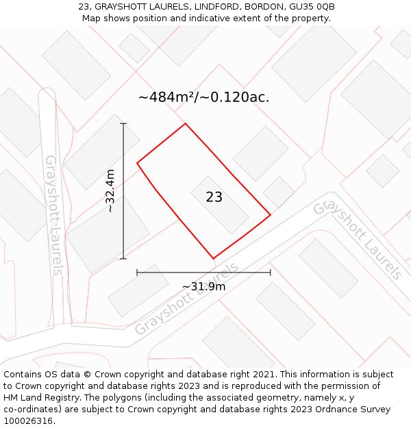 23, GRAYSHOTT LAURELS, LINDFORD, BORDON, GU35 0QB: Plot and title map