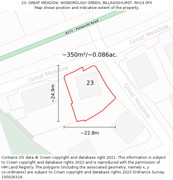 23, GREAT MEADOW, WISBOROUGH GREEN, BILLINGSHURST, RH14 0FX: Plot and title map