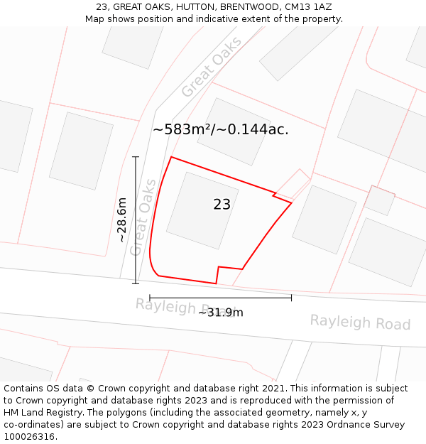 23, GREAT OAKS, HUTTON, BRENTWOOD, CM13 1AZ: Plot and title map