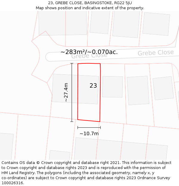 23, GREBE CLOSE, BASINGSTOKE, RG22 5JU: Plot and title map