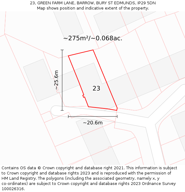 23, GREEN FARM LANE, BARROW, BURY ST EDMUNDS, IP29 5DN: Plot and title map