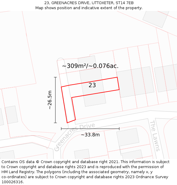 23, GREENACRES DRIVE, UTTOXETER, ST14 7EB: Plot and title map