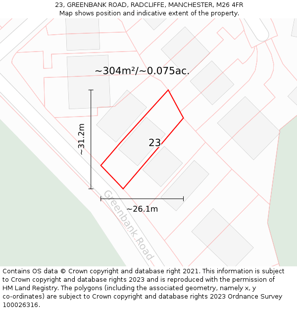 23, GREENBANK ROAD, RADCLIFFE, MANCHESTER, M26 4FR: Plot and title map