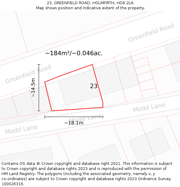 23, GREENFIELD ROAD, HOLMFIRTH, HD9 2LA: Plot and title map