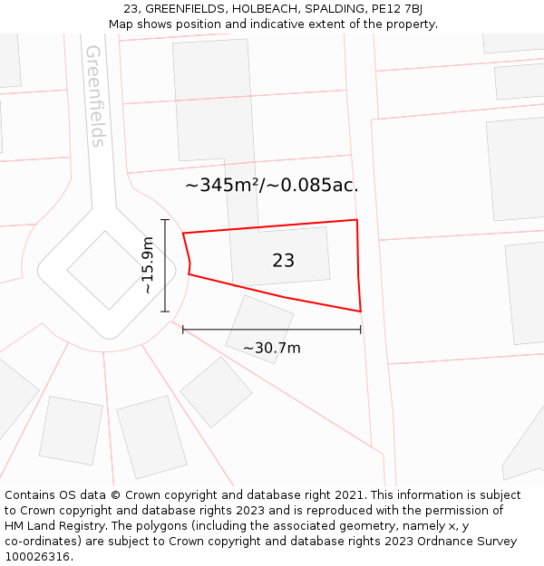 23, GREENFIELDS, HOLBEACH, SPALDING, PE12 7BJ: Plot and title map