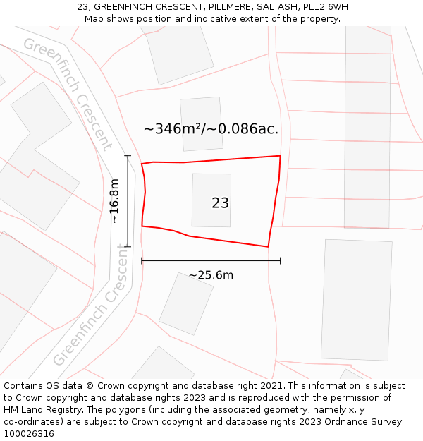 23, GREENFINCH CRESCENT, PILLMERE, SALTASH, PL12 6WH: Plot and title map