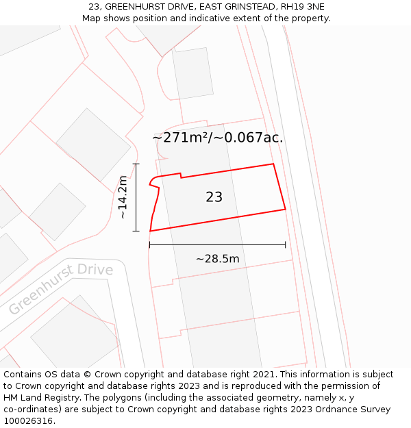 23, GREENHURST DRIVE, EAST GRINSTEAD, RH19 3NE: Plot and title map