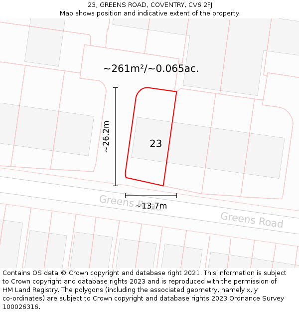 23, GREENS ROAD, COVENTRY, CV6 2FJ: Plot and title map