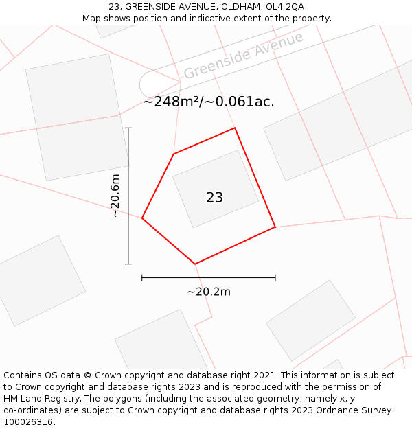 23, GREENSIDE AVENUE, OLDHAM, OL4 2QA: Plot and title map