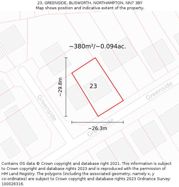 23, GREENSIDE, BLISWORTH, NORTHAMPTON, NN7 3BY: Plot and title map