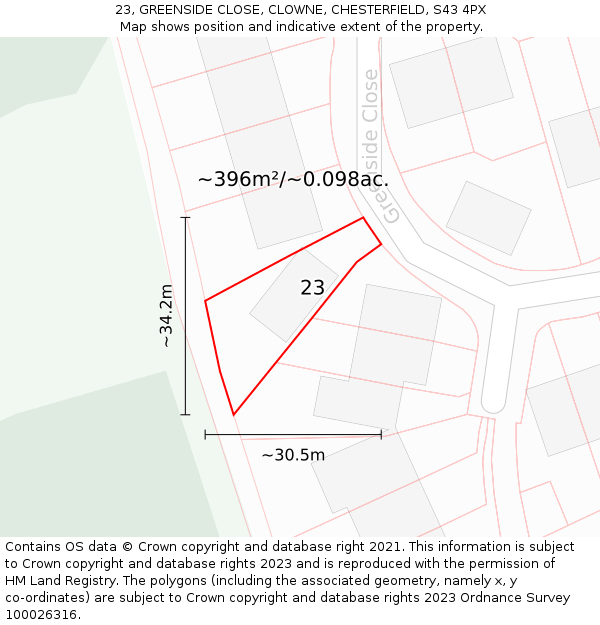 23, GREENSIDE CLOSE, CLOWNE, CHESTERFIELD, S43 4PX: Plot and title map