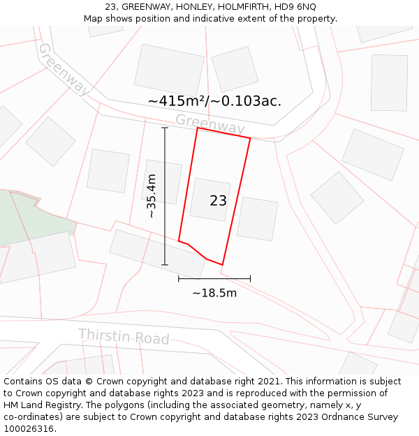23, GREENWAY, HONLEY, HOLMFIRTH, HD9 6NQ: Plot and title map
