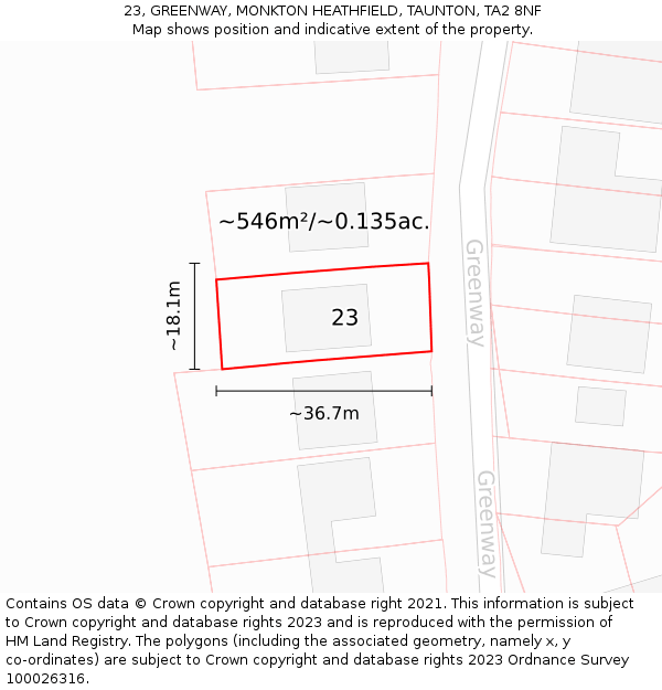 23, GREENWAY, MONKTON HEATHFIELD, TAUNTON, TA2 8NF: Plot and title map