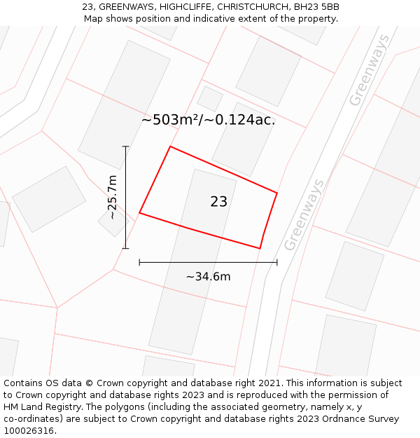 23, GREENWAYS, HIGHCLIFFE, CHRISTCHURCH, BH23 5BB: Plot and title map