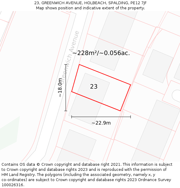 23, GREENWICH AVENUE, HOLBEACH, SPALDING, PE12 7JF: Plot and title map