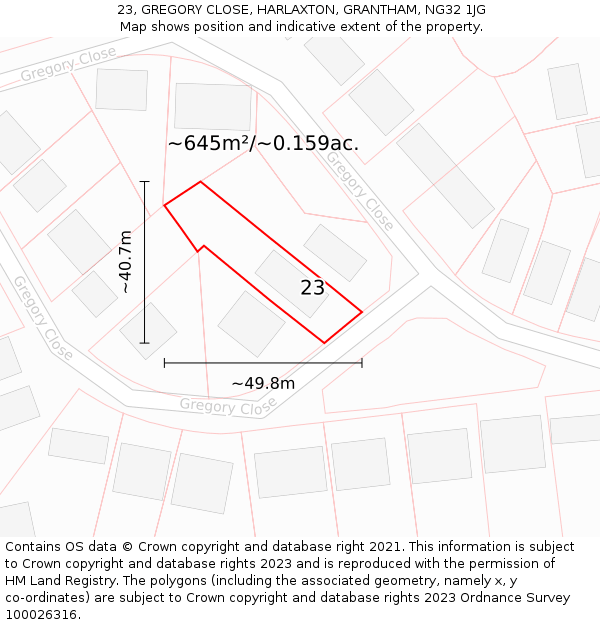 23, GREGORY CLOSE, HARLAXTON, GRANTHAM, NG32 1JG: Plot and title map
