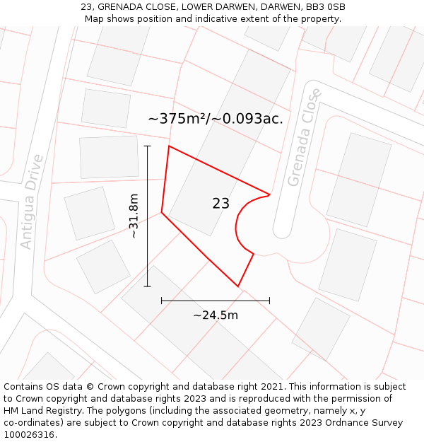 23, GRENADA CLOSE, LOWER DARWEN, DARWEN, BB3 0SB: Plot and title map