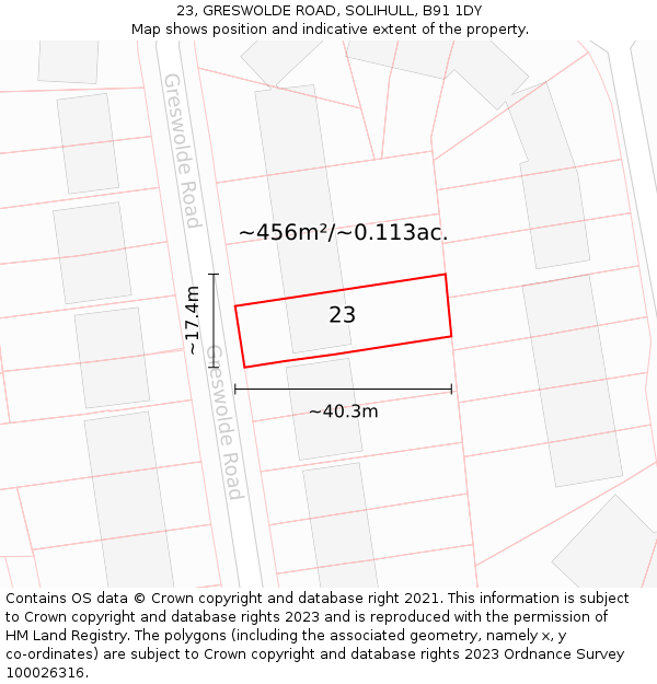 23, GRESWOLDE ROAD, SOLIHULL, B91 1DY: Plot and title map