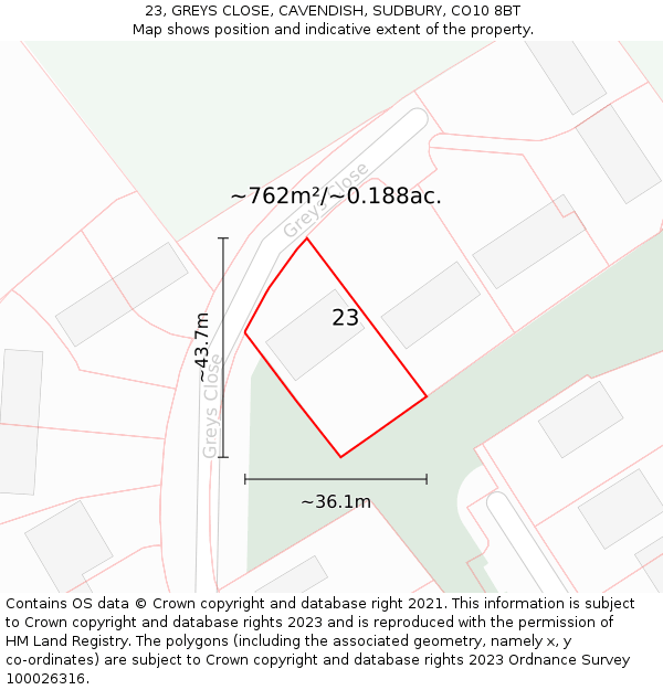 23, GREYS CLOSE, CAVENDISH, SUDBURY, CO10 8BT: Plot and title map