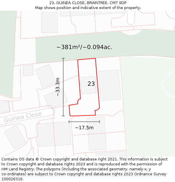 23, GUINEA CLOSE, BRAINTREE, CM7 9DP: Plot and title map