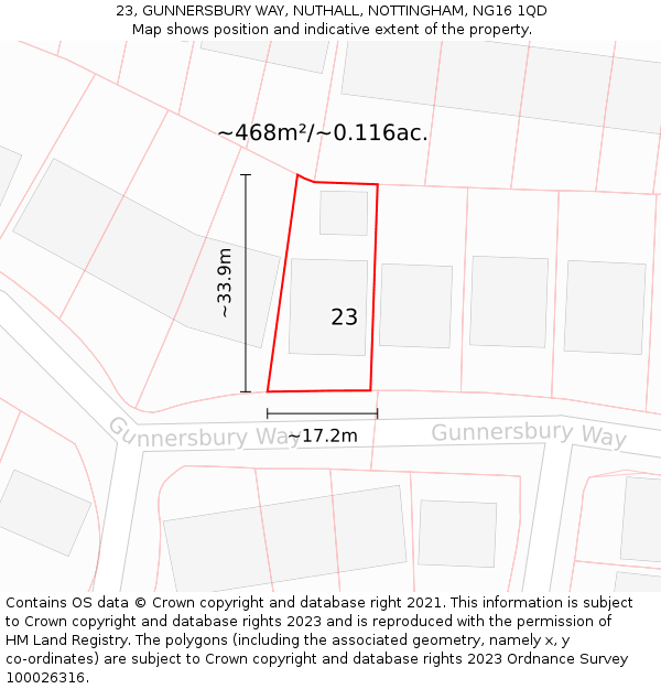 23, GUNNERSBURY WAY, NUTHALL, NOTTINGHAM, NG16 1QD: Plot and title map