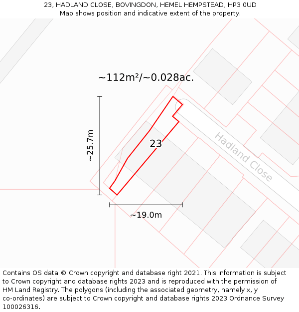 23, HADLAND CLOSE, BOVINGDON, HEMEL HEMPSTEAD, HP3 0UD: Plot and title map