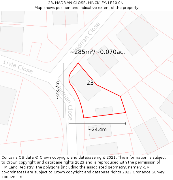 23, HADRIAN CLOSE, HINCKLEY, LE10 0NL: Plot and title map