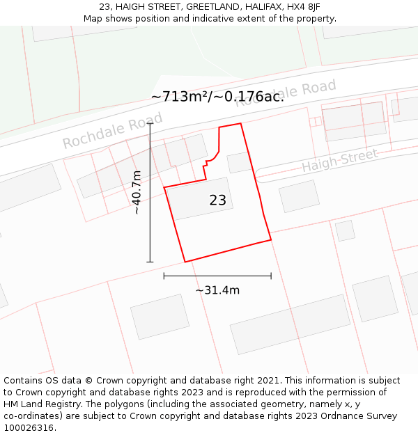 23, HAIGH STREET, GREETLAND, HALIFAX, HX4 8JF: Plot and title map
