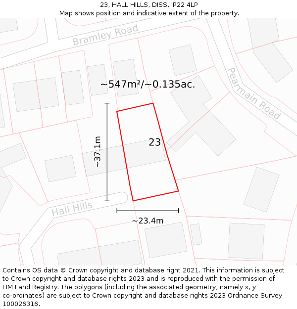 23, HALL HILLS, DISS, IP22 4LP: Plot and title map