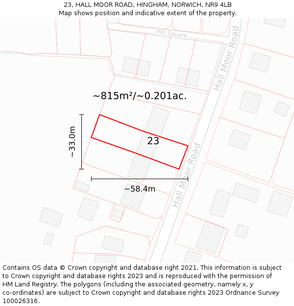 23, HALL MOOR ROAD, HINGHAM, NORWICH, NR9 4LB: Plot and title map
