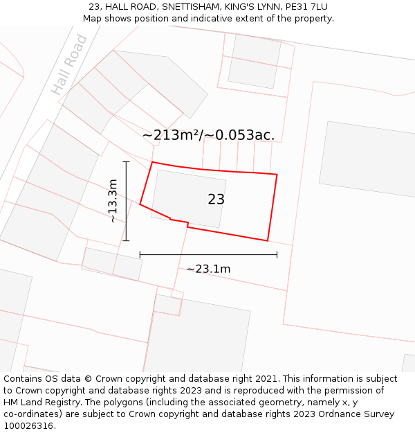 23, HALL ROAD, SNETTISHAM, KING'S LYNN, PE31 7LU: Plot and title map