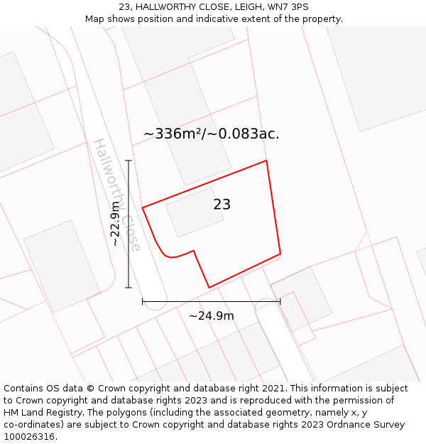 23, HALLWORTHY CLOSE, LEIGH, WN7 3PS: Plot and title map