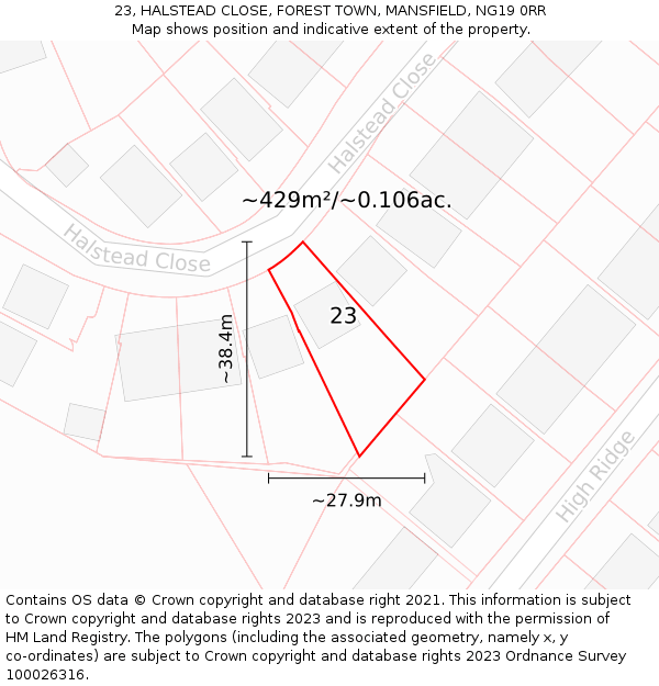 23, HALSTEAD CLOSE, FOREST TOWN, MANSFIELD, NG19 0RR: Plot and title map