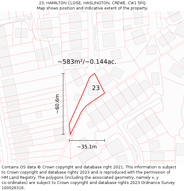 23, HAMILTON CLOSE, HASLINGTON, CREWE, CW1 5PQ: Plot and title map