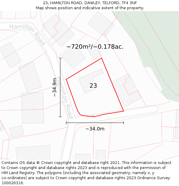 23, HAMILTON ROAD, DAWLEY, TELFORD, TF4 3NF: Plot and title map