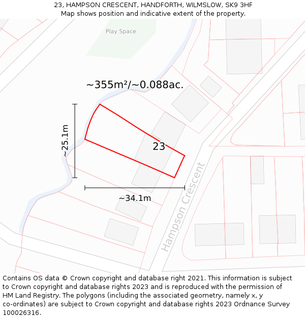 23, HAMPSON CRESCENT, HANDFORTH, WILMSLOW, SK9 3HF: Plot and title map