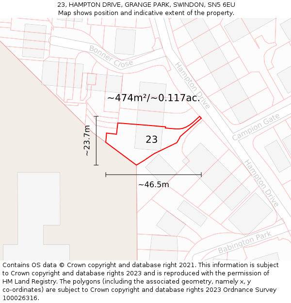 23, HAMPTON DRIVE, GRANGE PARK, SWINDON, SN5 6EU: Plot and title map