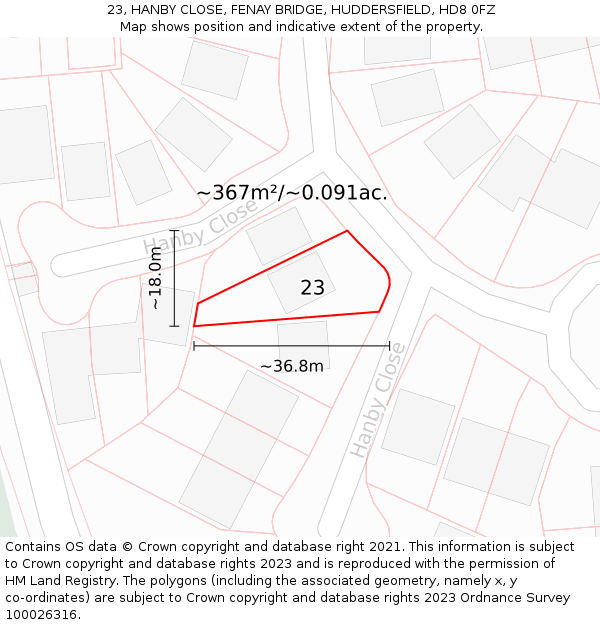23, HANBY CLOSE, FENAY BRIDGE, HUDDERSFIELD, HD8 0FZ: Plot and title map