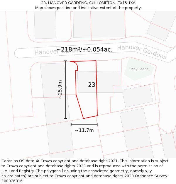 23, HANOVER GARDENS, CULLOMPTON, EX15 1XA: Plot and title map