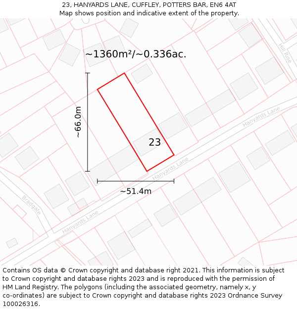 23, HANYARDS LANE, CUFFLEY, POTTERS BAR, EN6 4AT: Plot and title map