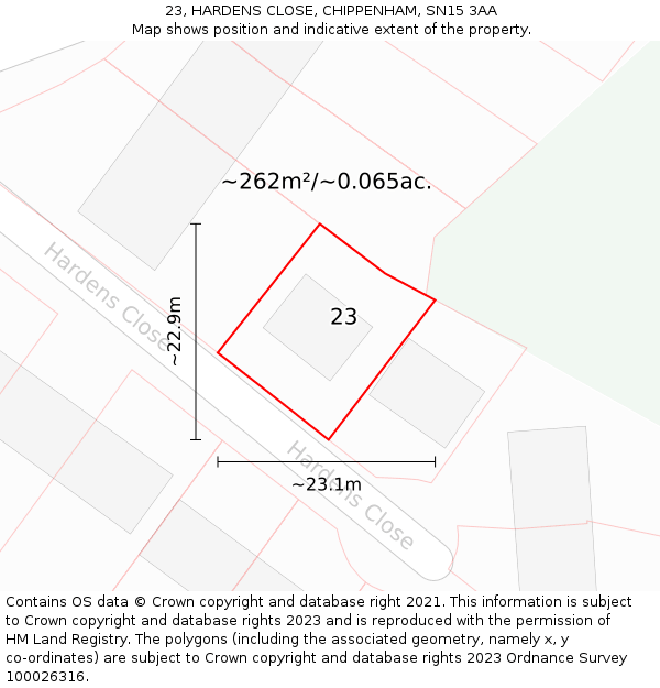 23, HARDENS CLOSE, CHIPPENHAM, SN15 3AA: Plot and title map