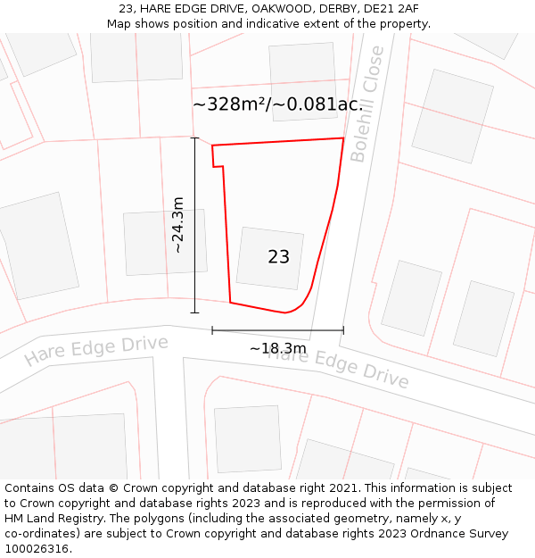 23, HARE EDGE DRIVE, OAKWOOD, DERBY, DE21 2AF: Plot and title map