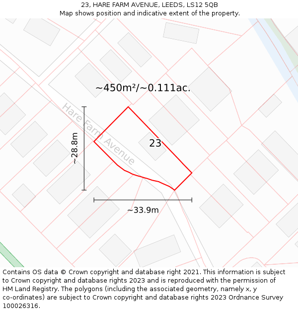 23, HARE FARM AVENUE, LEEDS, LS12 5QB: Plot and title map