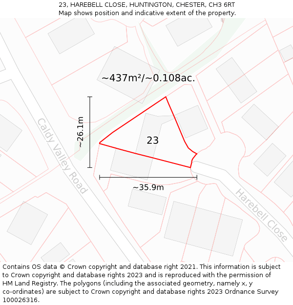 23, HAREBELL CLOSE, HUNTINGTON, CHESTER, CH3 6RT: Plot and title map