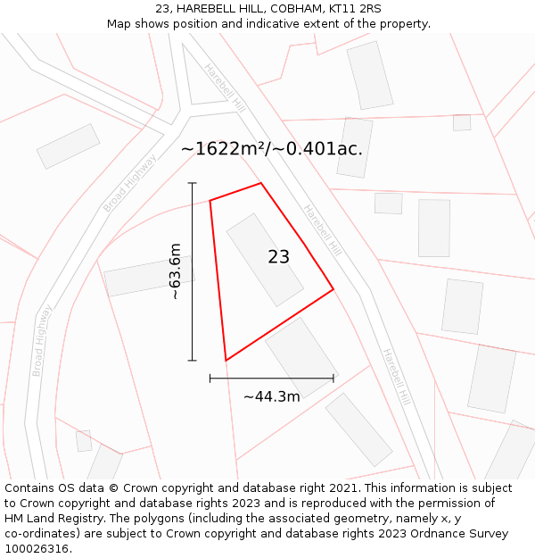 23, HAREBELL HILL, COBHAM, KT11 2RS: Plot and title map
