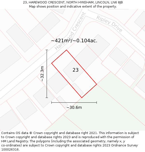 23, HAREWOOD CRESCENT, NORTH HYKEHAM, LINCOLN, LN6 8JB: Plot and title map