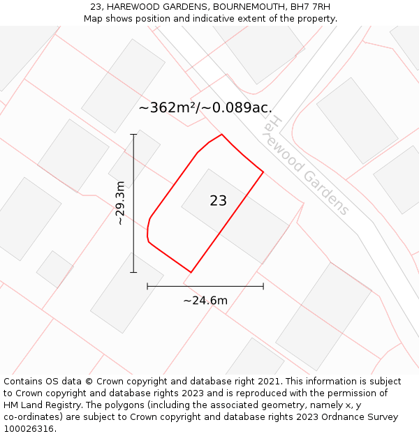 23, HAREWOOD GARDENS, BOURNEMOUTH, BH7 7RH: Plot and title map