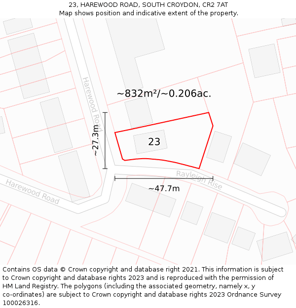 23, HAREWOOD ROAD, SOUTH CROYDON, CR2 7AT: Plot and title map